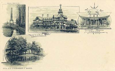 7221 Collage van gezichten te Baarn:- Gedenknaald van Waterloo.- Badhotel.- Canton.- Peking.00-00-1900-00-00-1905